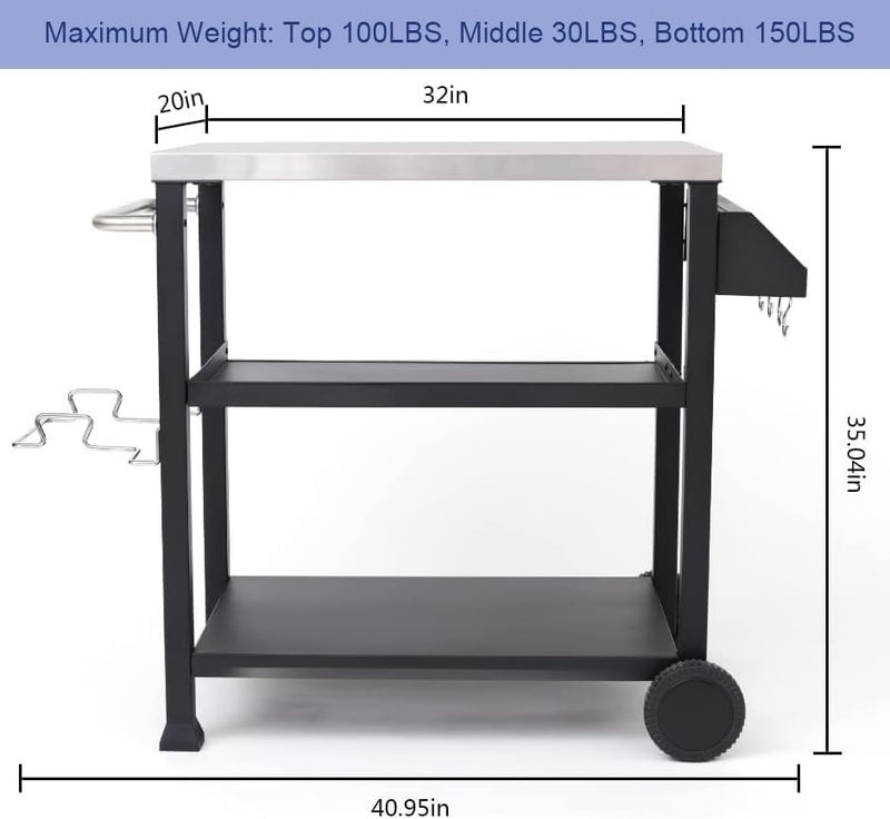 NUUK Three-Shelf Movable Outdoor Dining Cart Table, 20" x 32" NSF Stainless Steel Commercial Multifunctional Heavy Duty Kitchen Food Prep Worktable on Wheels - Image 2